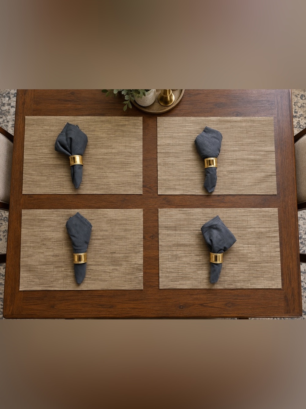 Gold Napkin Rings with Gray Linen Napkins - Home Accents